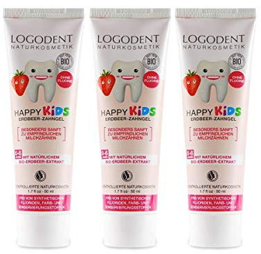 LOGODENT Kinder Zahngel Erdbeere (3x50 ml), natürliche Wirkstoffkombination aus Erdbeer-Aroma und Bio-Kamille, Bio Zahnpasta, Vegan, Fluoridfrei, Naturkosmetik