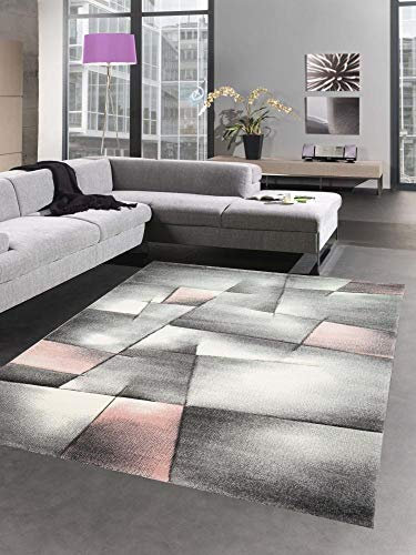 CARPETIA Teppich Kurzflor Wohnzimmerteppich karo abstrakt Pastell rosa grau Größe 200 x 290 cm