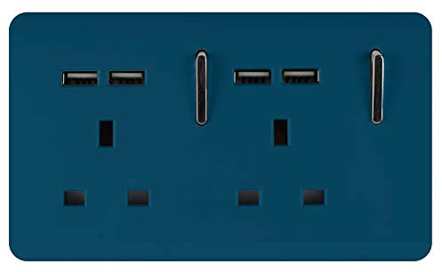 Trendi 2 Gang Artistic Modern Glossy Screwless Raised 13 Amp 240v Short 4 USB Type A Charging Points Double Chrome Switched Electrical Wall Plug Socket Midnight Blue - ART-SKT213USBMD