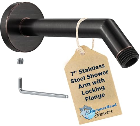 HammerHead Showers® ALL METAL 7 Zoll Duscharm und Flansch mit Stellschraube, Öl eingeriebene Bronze | Wandbogen Rohr und Abdeckplatte | Universal Ersatzteil für Duschköpfe