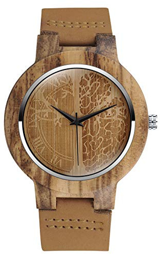 SUPBRO Holzuhren Herren Holzuhr Holz-Armbanduhr Analoge Quarzwerk Uhren Armband Natur-Holz Gehirn Baum