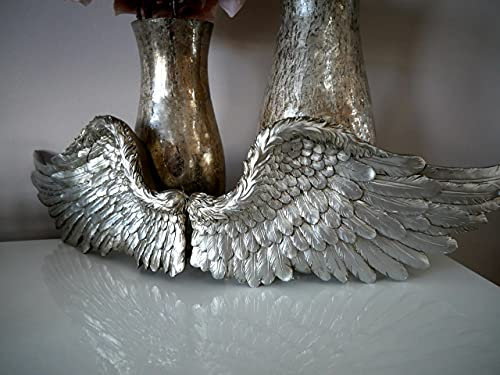 Marco Paul Interiors Vintage Angel Wings Resin Wall Art Decoration with Feather Ornament - Shabby Chic Fairy Door Unique Wall Sculpture Hanging Ornaments for Wedding, Christening Decor (Small Silver)