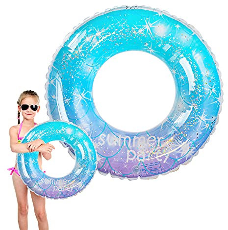 Newthinking Bouée de natation pour enfants, bouée flottante transparente avec paillettes, anneau de natation gonflable tube pour enfants, piscine, sports nautiques, 57,1 cm (bleu)