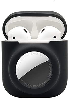 Kompatibel mit Airpods 1. und 2. Generation Hülle mit Airtag-Halterung, schützende Hauthülle, kompatibel mit Airpods und Airtag-Hülle, Kombi-Set, Silikon-GPS-Tracker-Abdeckungshalter, schwarz