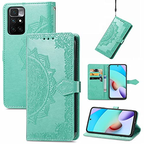 Fertuo Coque pour Xiaomi Redmi 10 2022 / Redmi 10, Portefeuille Étui Housse en Cuir à Rabat avec Porte Carte, Chiusura Magnetica [Motif de Mandala] Flip Cover Case Antichoc pour Redmi 10, Vert