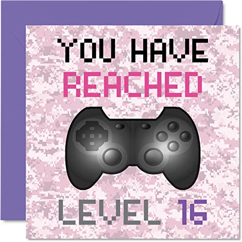 Stuff4 16. Geburtstagskarte für Spieler - Sie haben Level 16 erreicht - Mädchen-Geburtstagskarten, Teenager Geburtstagsgrußkarten, Videospiel-Gaming-Tochter, Enkelin, Nichte, 145 mm x 145 mm