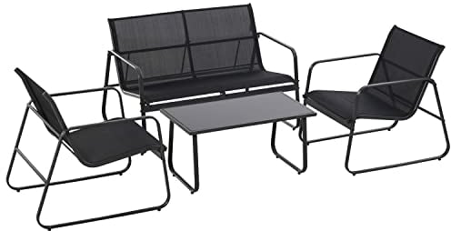 Sakura Designer Gartenmöbel Sitzecke mit Sofa + 2 Sessel + Couchtisch mit Glasplatte | 4-teiliges Lounge-Set aus Metall und Textilene | Schwarz