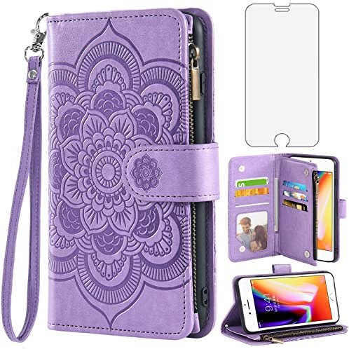 Asuwish Handyhülle für iPhone 7/8/SE 2020 2022 Hülle mit Folie Schutzfolie Kartenfach Klappbar Leder Blumen Geldbörse Ständer i SE2020 SE2022 2/2nd 3/3rd Generation 7s 8s 6SE SE2 SE3 Phone Case Lila