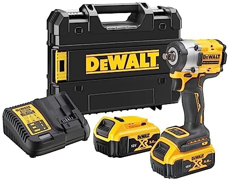 DeWalt Llave Impacto sin escobillas XR 18V 1/2 406Nm con anillo de retención con 2 baterías Li-Ion 5Ah y maletín TSTAK, Multicolor