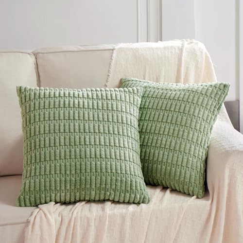 Fancy Homi 22x22 Kissenbezüge, 2 Packungen, salbeigrün, Überwurf-Kissenbezüge mit Streifenmuster, superweicher Cord, quadratisch, solider Kissenbezug für Couch, Sofa, Wohnzimmer, 55x55 cm