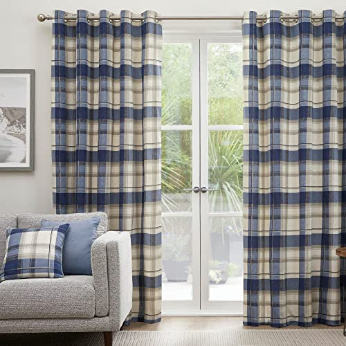 Fusion - Rideaux Tartan Bleu 168 x 229 cm - 100% Coton - 2 Panneaux à Carreaux Saphir - Œillets à Motif Écossais - Bleu Foncé pour Salon/Chambre à Coucher
