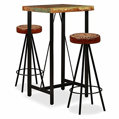 Chenshu 3-TLG. Bar-Set, Bartisch Mit Barhocker Set, Bartische & -theken, Bartheke Küche, Bartisch Set, Küchentresen, Bartisch Mit Barhocker, Altholz Massiv, Echtleder und Canvas