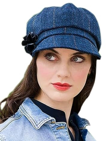 Newsboy Mütze für Damen Mütze 8 Panel Wolle Made in Irland, Blau- 34, Einheitsgröße