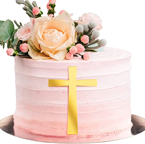 BETESSIN 2Stk. Kuchendeko Kreuz Cake Topper Gold Acryl Torte Deko 10x7cm Spiegel Kuchen Dekoration Set mit Schmalerer Mitte für Hochzeit Geburtstag Party Kommunion