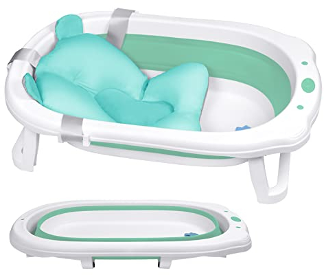 TRMLBE Baby Badewanne Faltbar 82x50cm Babywanne Kinderbadewanne PP+PTE Anti Rutsch Platzsparend Babybadewanne Faltbare, für Neugeborene Babys Kinder (Grün, mit Sitzkissen)