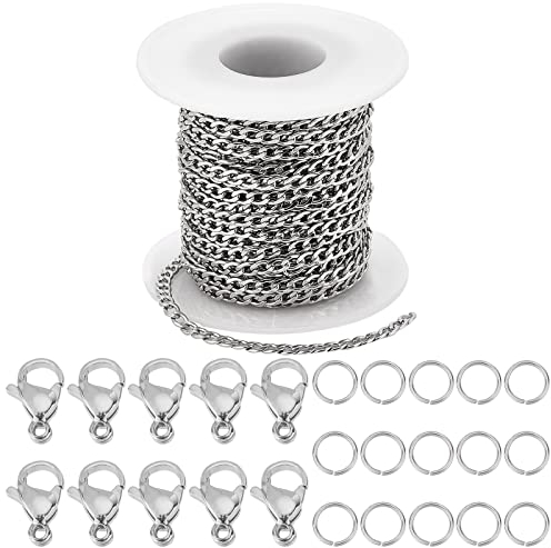 SUNNYCLUE 33 Fuß/10 m Kubanische Gliederkette Bulk Edelstahl Panzerketten 5.5x3.8 mm Silberfarbene Kettenglieder 20 Stück Karabinerverschlüsse 50 Stück Offene Biegeringe Für Schmuckherstellung Heimwer