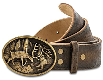 Herren Trachtengürtel - Echtleder Trachten Gürtel für Lederhosen aus Wildbockleder mit Hirsch Metallschnalle Luca (54/56)