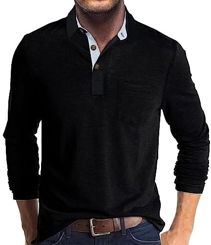 Mens Polo Shirts Long Sleeve Tops Casual Shirt Golf Top Cotton Tee Basic T-Shirt Knitted Buttons Black XL