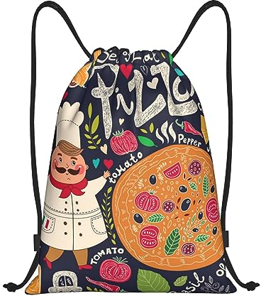 Djnni Bunte Tasche mit Kordelzug für Rollschuhe, leichter Turnrucksack, großes Fassungsvermögen, Reisen, Yoga-Studio, Schwimmen, Strand, Unisex, Chef Pizza, S