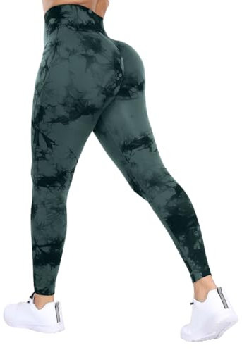 DUROFIT Scrunch Butt Leggings Damen Tie Dye High Waist Sport Leggings Po Push Up Leggings Booty Lift Leggins Gym Leggings Yoga Pants Ruched Sporthose Green L
