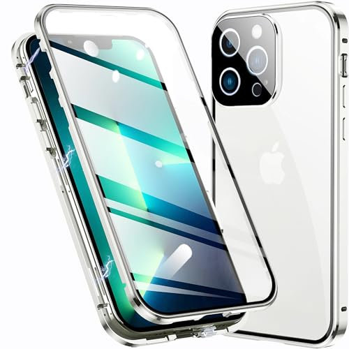 TOPF&B Case for iPhone 15 Pro Max Magnetic Cover,Transparent Tempered Glass Full Cover with Camera Protector,360 Degree Metal Bumper Case for iPhone 15 Pro Max,Clear Silver
