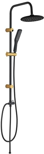 KOLMAN Duscharmatur Set Regendusche Schwarz-Gold ALANIS Handbrause, Kopfbrause, Duschsystem Brausegarnitur, Kopfbrause: Ø 220 mm