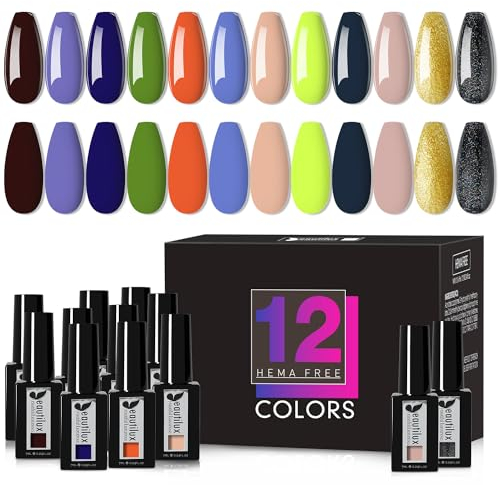 Beautilux HEMA-FREE 12 Farben UV Nagellack, Gel-Nagellack Rosa Dunkelrot Fluoreszierend, Gold und Schwarz Glitzer Gel Polish, für Home-Maniküre, 7ml