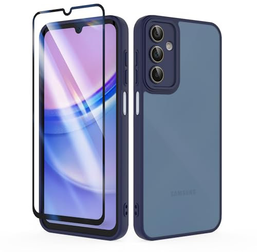 SMYTU Cover per Samsung Galaxy A15 4G / 5G 6,5 Pollici con Vetro Temperato,Custodia Opaca Hard PC Glassata Traslucida Retro Resistente ai Graffi Silicone Antiurto Protettiva Case - Blu