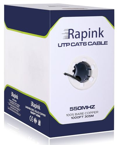 Rapink Cat6 Ethernet Cable 1000ft, Cat6 ethernet Cable 23AWG Solid Bare Copper 10G Support, UTP cat6 Cable 550MHZ, cat 6 Cable 1000ft POE Support Black