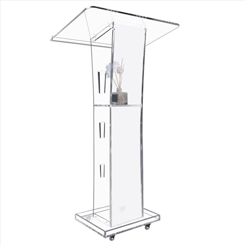Afitdon Acryl Podium, Transparenter Acryl Rednerpult mit Rädern & Speicher Regal, Kirche Kanzel mit 15 Farbe LED-Licht, Podium Ständer for Kirche, Vortrag, Hochzeit, Klassenzimmer(23.6x16.1x 45.2)