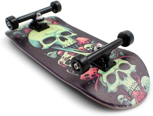 SPITBOARDS 34 x 96 mm Wood Fingerboard Complete Set-Up, Pre Assembled, 5-Layers Wood, Pro Trucks with Lock Nuts, CNC Bearing Wheels, Real Wear Graphics, Lasered Foam Grip Tape, Slimey Skulls