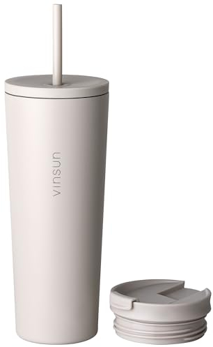 Vinsun Thermobecher mit Strohhalm 720ml - Auslaufsicher, Edelstahl, doppelwandig isoliert - Heiß & Kaltgetränke - Kaffeebecher beige mit zwei Deckeln für Auto, Büro