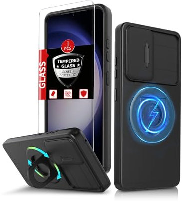 FRLMOOES for Samsung Galaxy S23 Case Magnetic Compatible with MagSafe Wireless Charging,with Screen Protector,Built-in Kickstand Ring+Camera Cover Anti-Scratch Shockproof Heavy Duty Protection Black
