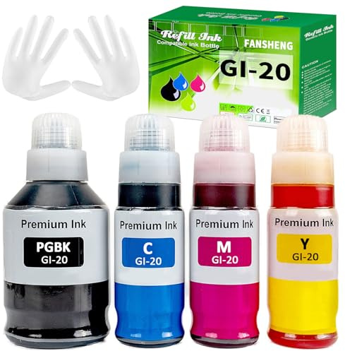 GI-20 Druckertinte für Canon-GI20-Tinten-Nachfüllflaschen-Set, kompatibel mit Canon-Drucker PIXMA G6020, G7020, G5020, FANSHENG 170 ml, schwarze Tinte, Nachfüllpackung, 70 ml C/M/Y-Tinte (4er-Pack,