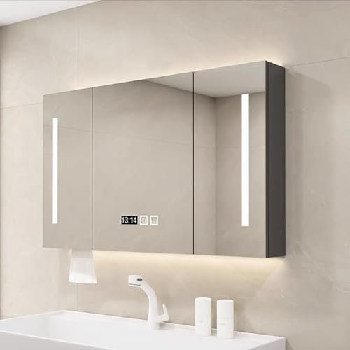 Armoire de Toilette à LED Armoire Salle de Bain Rangement Armoire de Toilette Miroir avec Éclairage et Prise Température de Couleur RéGlable Armoire Murale de Rangement Sur les Toilettes(Iron gray,100