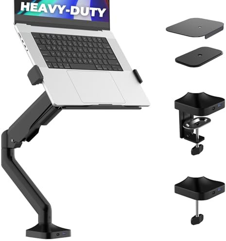 Deskello Elevate Pro - Heavy-Duty Laptop Mount (11-17.3 - max. 26lbs) Full Motion Gas Spring Arm Stand - 2-in-1 Monitor Mount (17-40) - Clamp & Grommet Base with Steel Plates for Desk Protection
