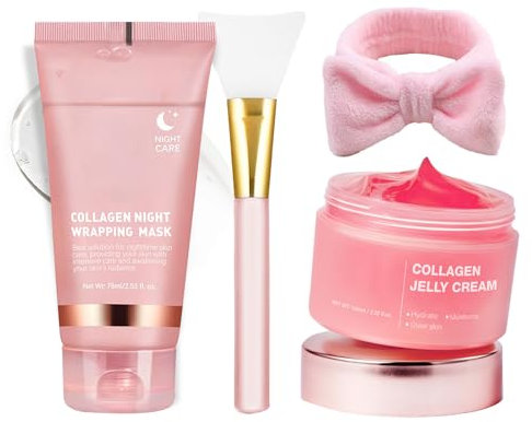 Shefave Collagen Night Wrapping Mask, Skincare Set mit Collagen Mask Peel Off Maske Gesicht, Collagen Jelly Cream, Elastizität und Feuchtigkeit, Overnight Maske Gesicht Masken, Gesichtsmaske Korea