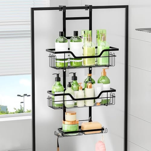 MLOQI Estanteria Baño sin Taladro, Estanteria Ducha, Organizador Baño, Accesorios Baño, Soporte Shampoo Chuveiro, Soporte Gel Ducha Negro (3 Niveles)