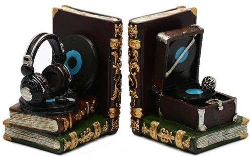Vintage Bookends, Decorative Book Ends, Headphone and Phonograph Bookend, Heavy Duty Book Stoppers for Shelves, Gift for Music Lovers