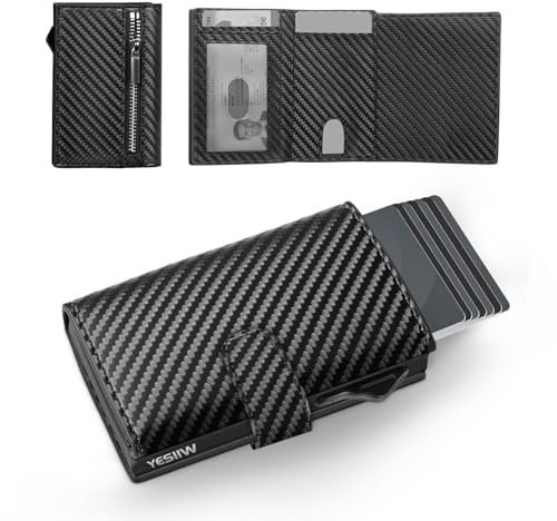 YESIIW Portacarte Uomo Slim con Compatto e Capiente, Pop-up Porta Carte per 7 Cartes,15+Banconote & 1 Finestra ID, Portafoglio Uomo RFID con Portemonete, Portafoglio Slim (Carbon)