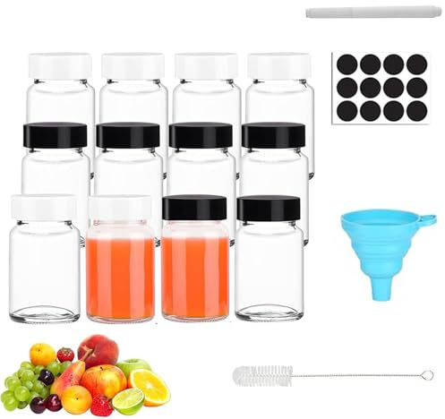 WyndShades Glass Shot Bottles with Lids – 12 Pack 60ml Mini Juice Bottles for Ginger Shots, Wellness Drinks – 6 Black & 6 White Lids with Labels, Funnel, Pen, Brush – Leakproof, Reusable, BPA-Free