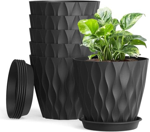 10cm Plant Pots, 6 Pack Plastic Flower Pots with Drainage Holes and Saucers, Indoor Outdoor Planters for Succulent and All House Plants(Black)