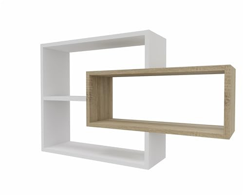 MARAND Wandregal Hängeregal - Bücherregal - Wandmontage - Modernes Design - Stauraum - 3 Ablagefächer - Stabile Konstruktion - Weiß Matt/Sonoma Eiche