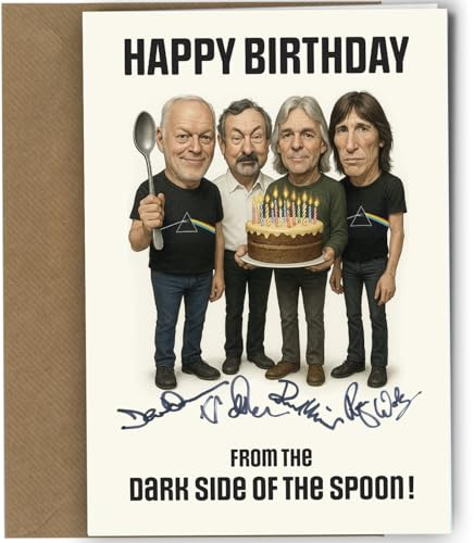 Pink Floyd Birthday Card – Funny Caricature with Reproduction Printed Autographs | Rock Music Memorabilia, Classic Rock Birthday Present for Floyd Fans No1950