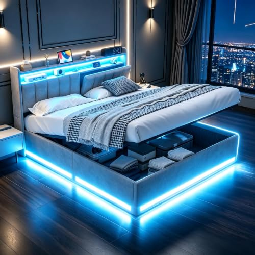 Polsterbett Doppelbett 140x190 cm mit LED und USB, Jugendbett 140x190 mit Hydraulischer Stauraum, Hydraulisches Bett 140x190cm mit Stauraum-Kopfteil Bettgestell 140x190 mit lattenrost aus Samt