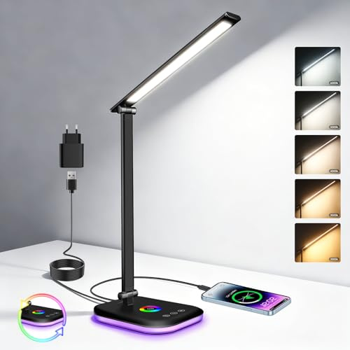Schreibtischlampe LED Dimmbar 10W, Tischlampe mit 5 Farb und 10%-100% Stufenloses Dimmen, Desk Lamp USB Ladeanschluss Touch Steuerung, RGB Nachttischlampe, für Kinder, Schlafzimmer, Lektüre (Schwarz)
