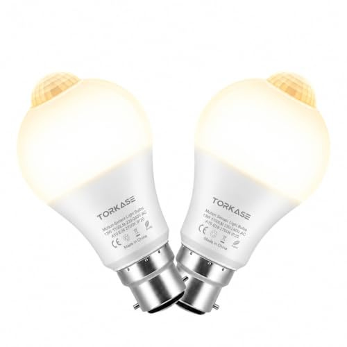 Torkase B22 Motion Sensor Light Bulbs Outdoor, 13W LED Movement Activated Bulb (100W Equivalent), Dusk to Dawn Sensor, 2700K Warm White for Porch Hallway Stairs Garage, 2 Pack