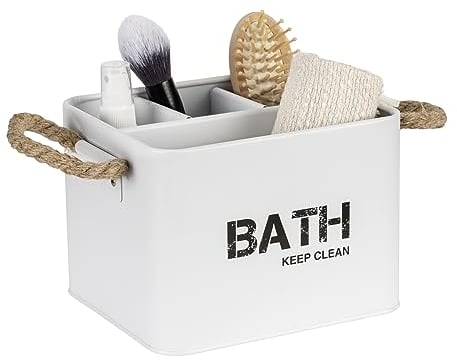 WENKO Badbox Gara mit 4 Fächern, Aufbewahrungsdose aus Stahl, trendiger Aufdruck, geflochtene Griffe, ideal für Bad und Gäste-WC, 19 x 12,5 x 13 cm, Weiß