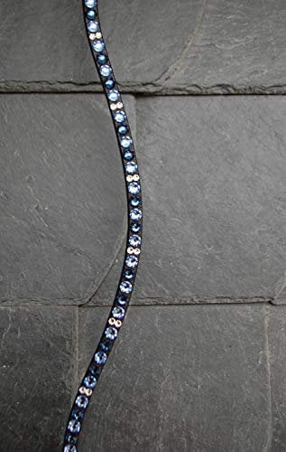 GlücksHucke Strass Stirnriemen 'Blue Sea' in Blau, geschwungen, schmal (Warmblut XL, Leder Dunkelbraun)
