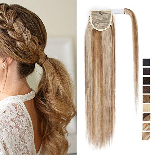SEGO Pferdeschwanz Haarteil Zopf extensions Ponytail Haarverlängerung clip in Pony Echthaar remy Weissbraun/Hellblond 16(45cm)-80g